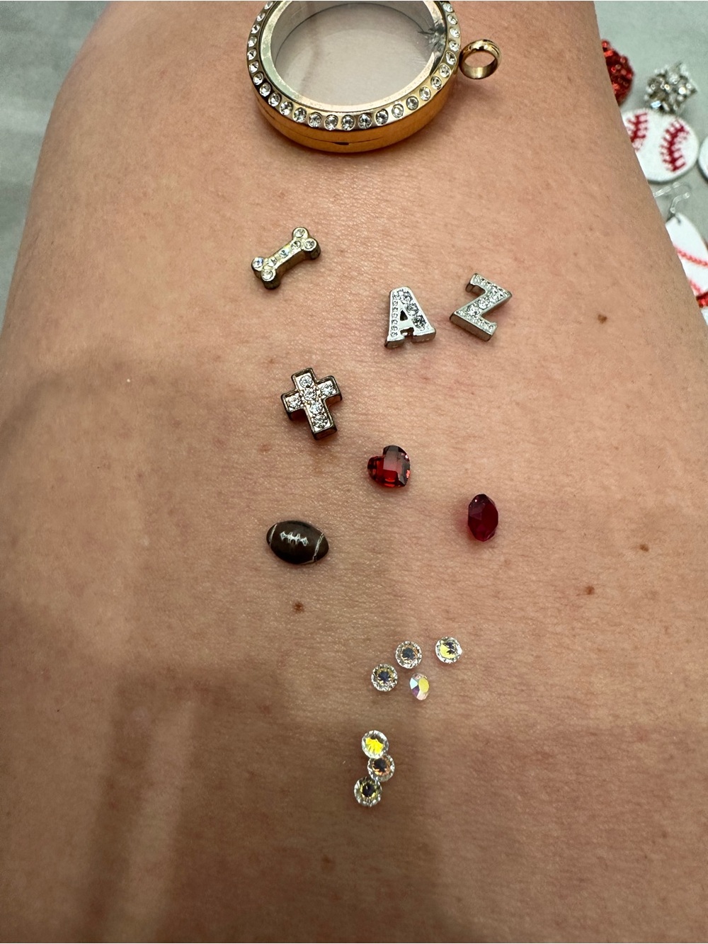 Floating Locket Charms and Crystal Rhinestones - Gold/Silver/Red Accents